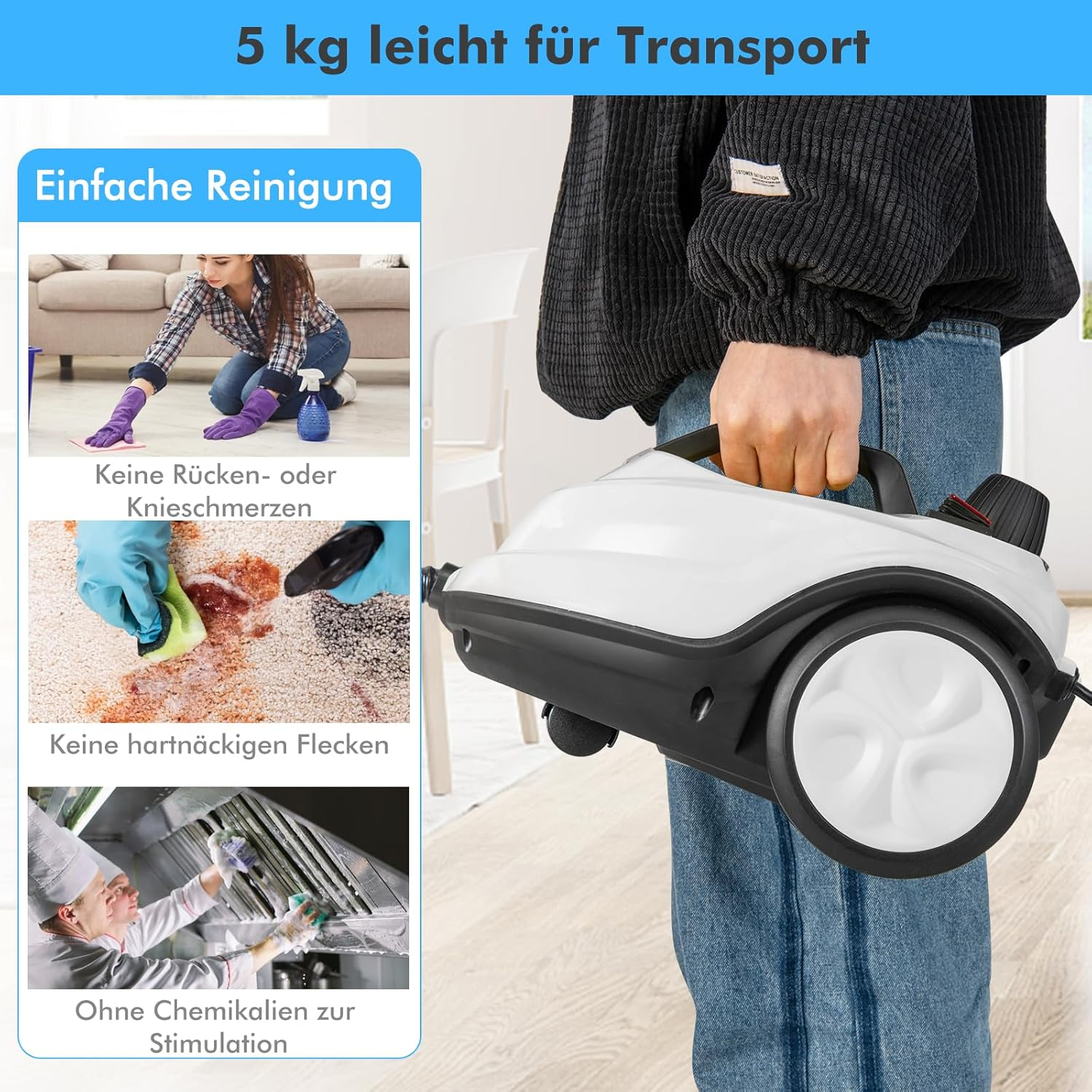 Person trägt einen weißen Dampfreiniger. Infokarten zeigen Reinigungsszenen.