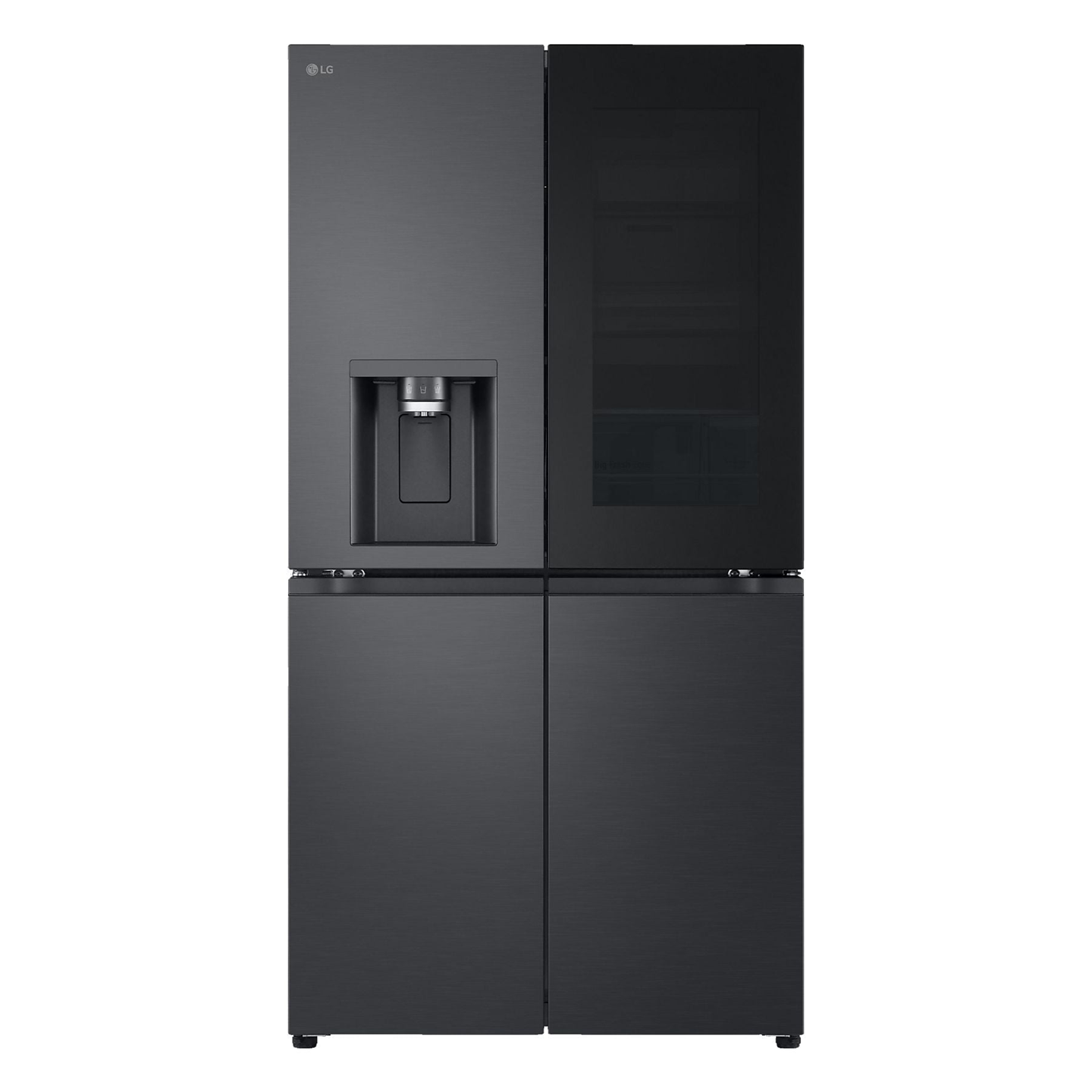Ein schwarzer LG-Kühlschrank mit vier Türen und Wasserspender.