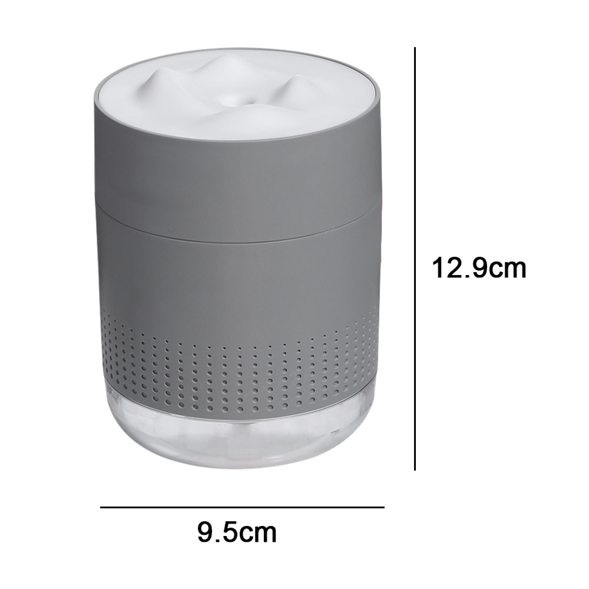 Grauer Diffusor mit weißer Oberseite, 12,9 cm hoch, 9,5 cm breit.