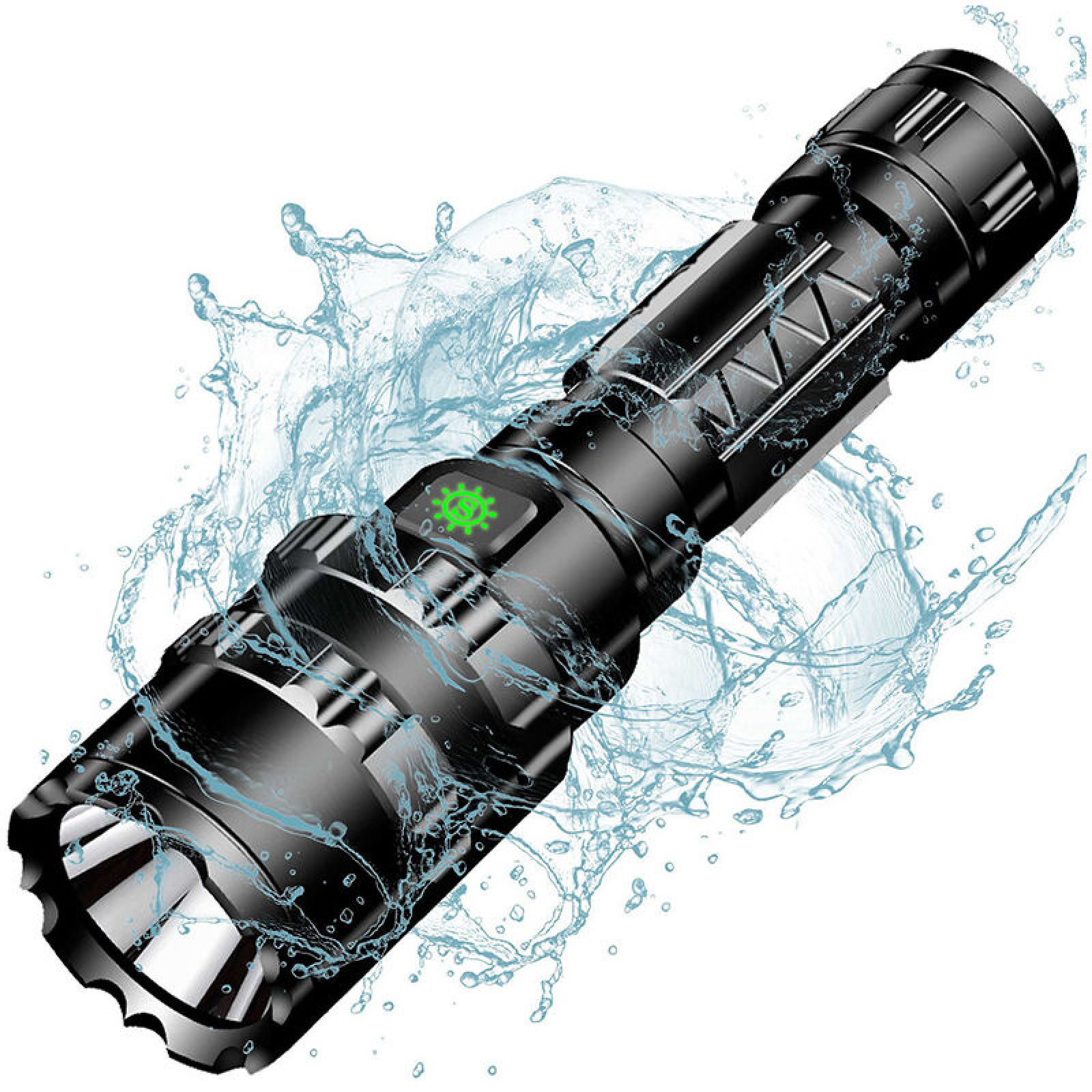 Schwarze Taschenlampe mit grünem Symbol, umgeben von Wasserspritzern.