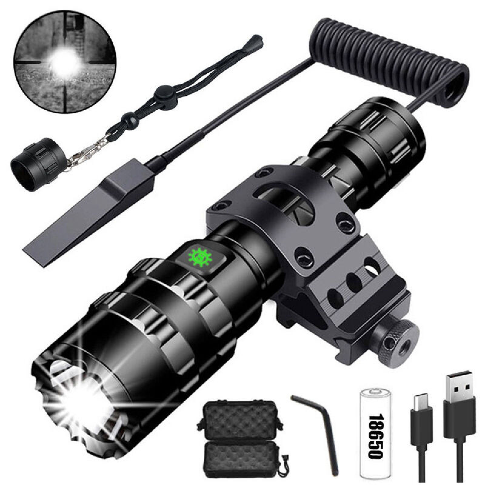 Schwarze taktische Taschenlampe mit Halterung, Kabelschalter, Batterie, USB-Kabel und Koffer.