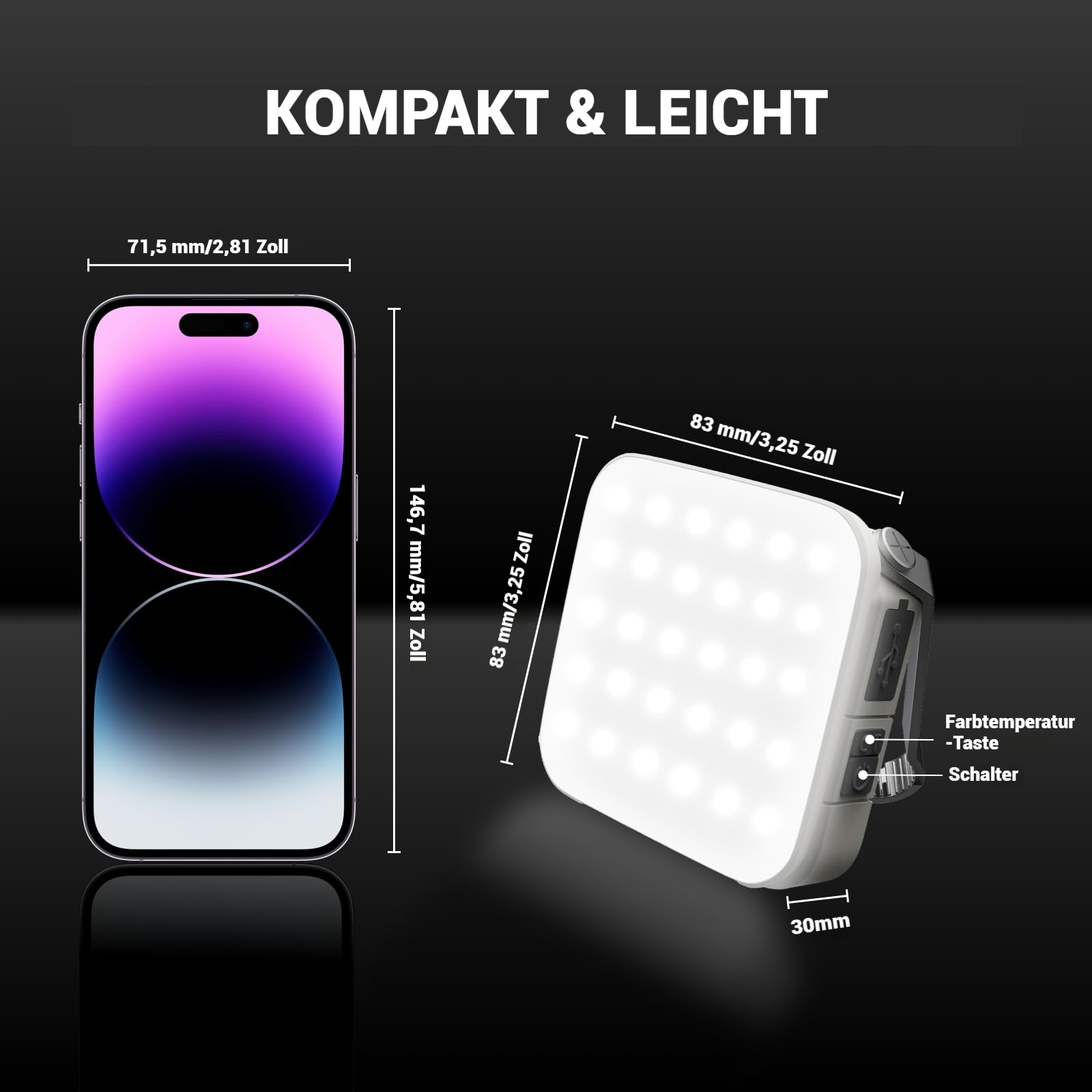 Ein Smartphone und ein rechteckiges LED-Licht mit Maßen werden gezeigt.
