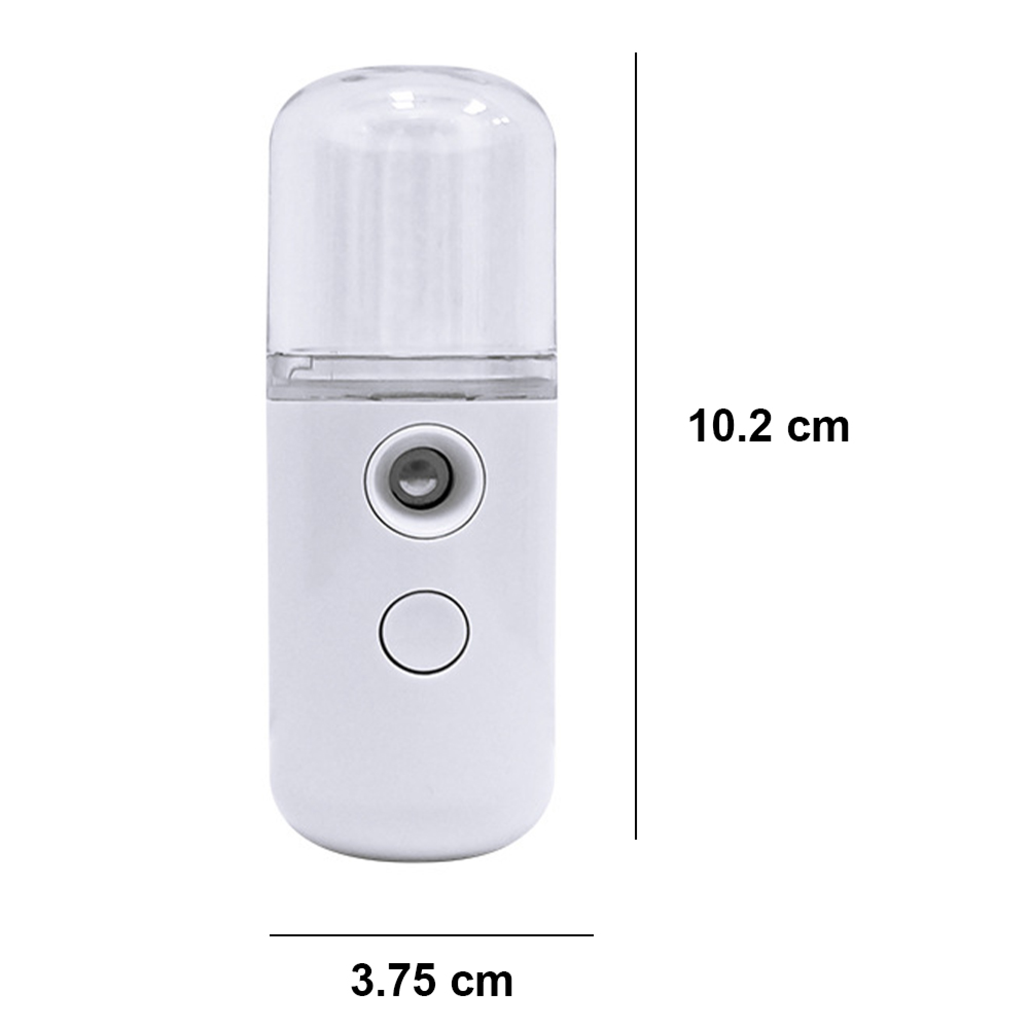 Ein weißer Mini-Sprühzerstäuber mit transparentem Deckel, 10,2 cm hoch.