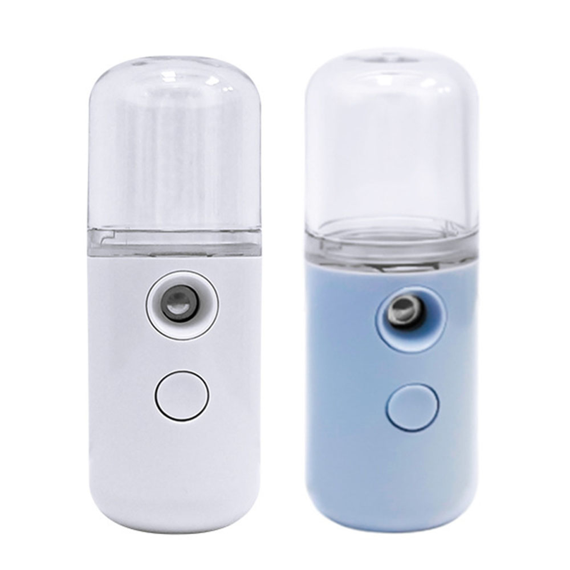 Zwei Mini-Sprühgeräte, weiß und blau, mit transparenten Kappen.