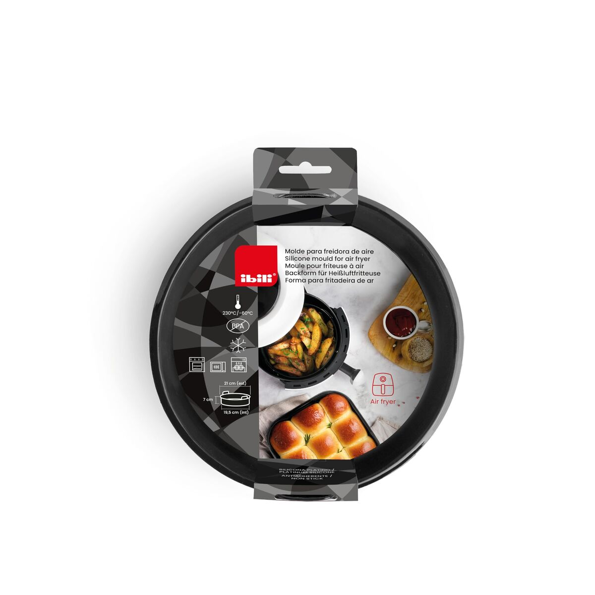 Schwarze runde Silikonform für Heißluftfritteusen mit Brötchen und Pommes