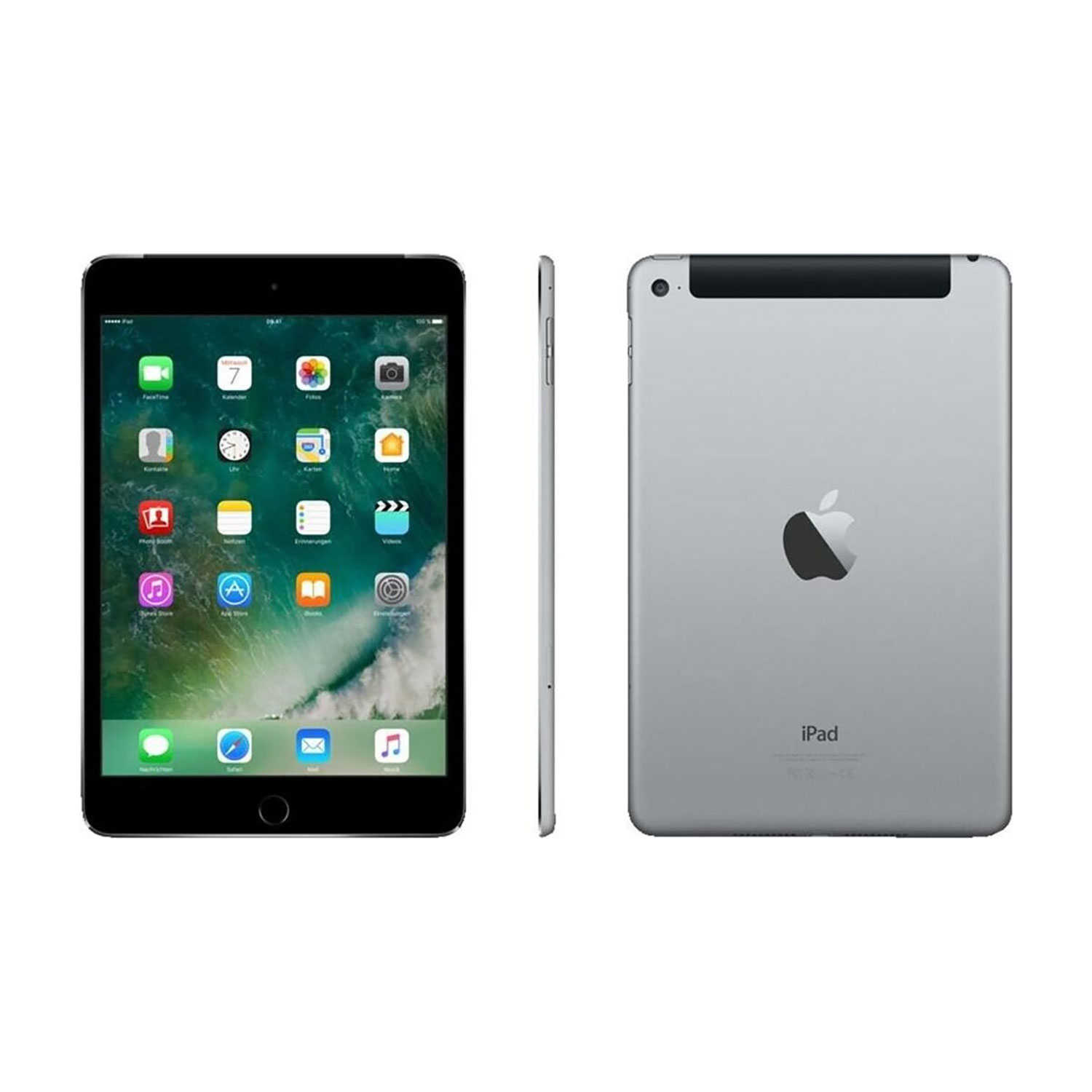 Silbernes iPad mit eingeschaltetem Bildschirm und Rückseite.