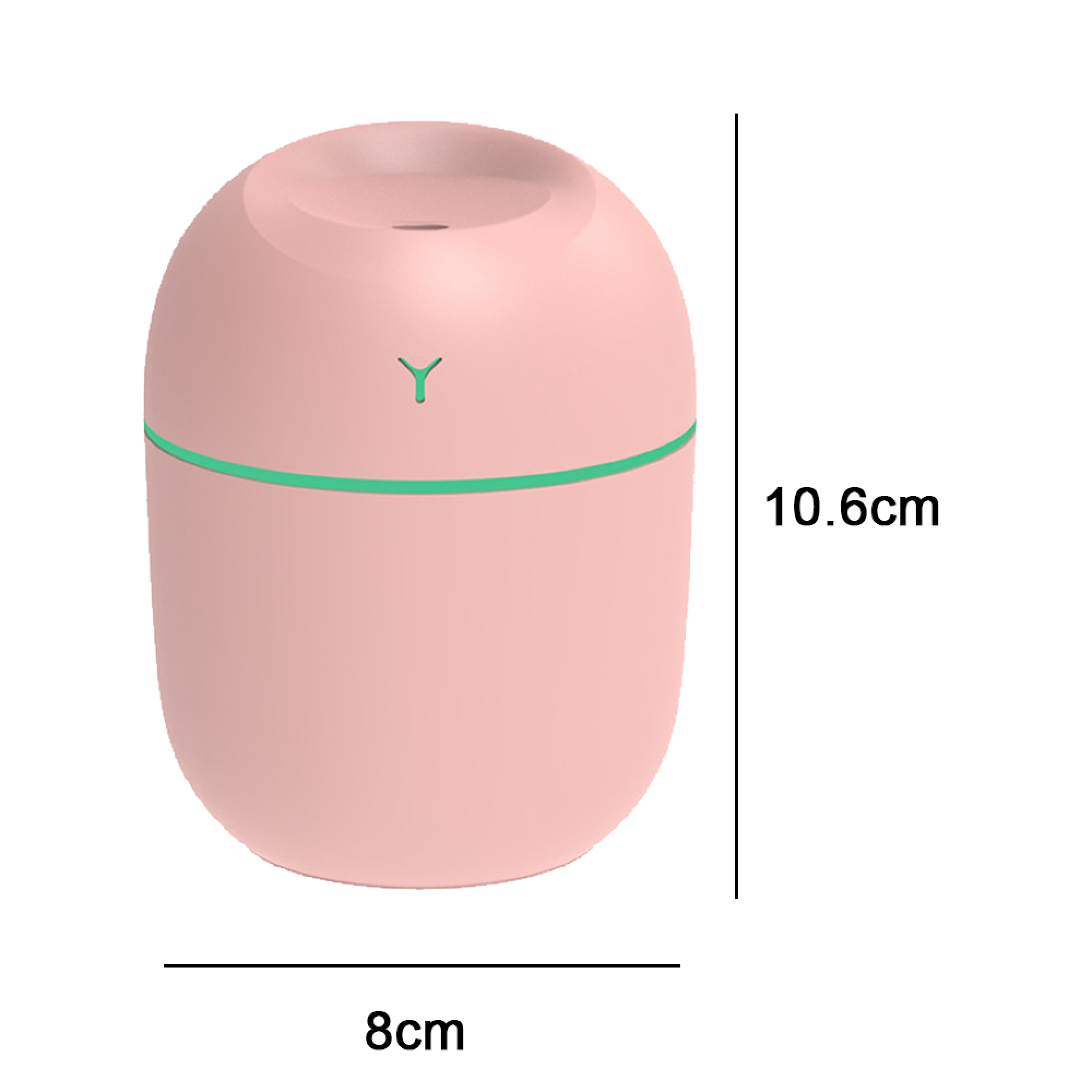 Ein kleiner, rosa Luftbefeuchter mit einem grünen Band und einem Y-Symbol.