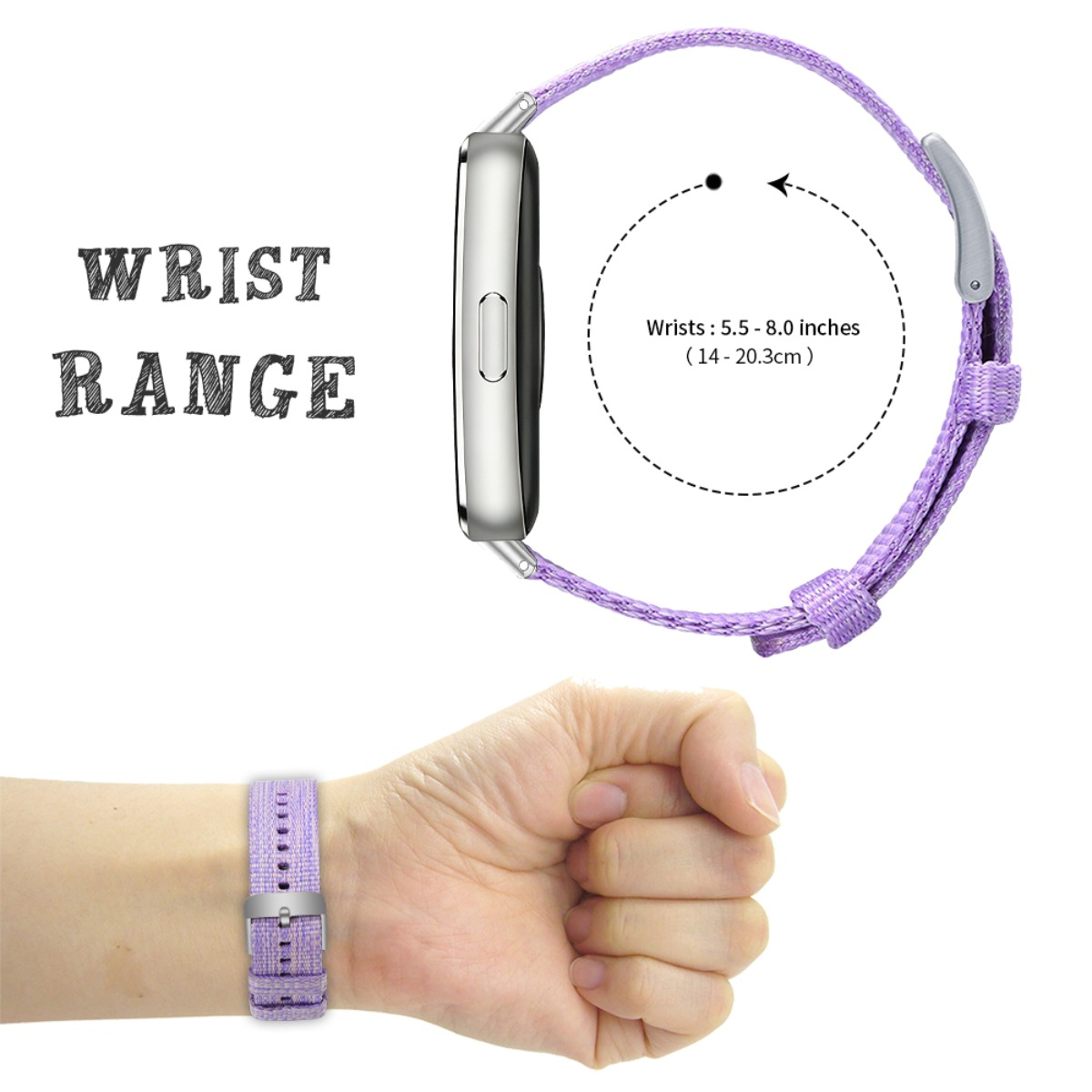 Silberne Smartwatch mit lila Armband. Die Reichweite für Handgelenke beträgt 14-20,3 cm.