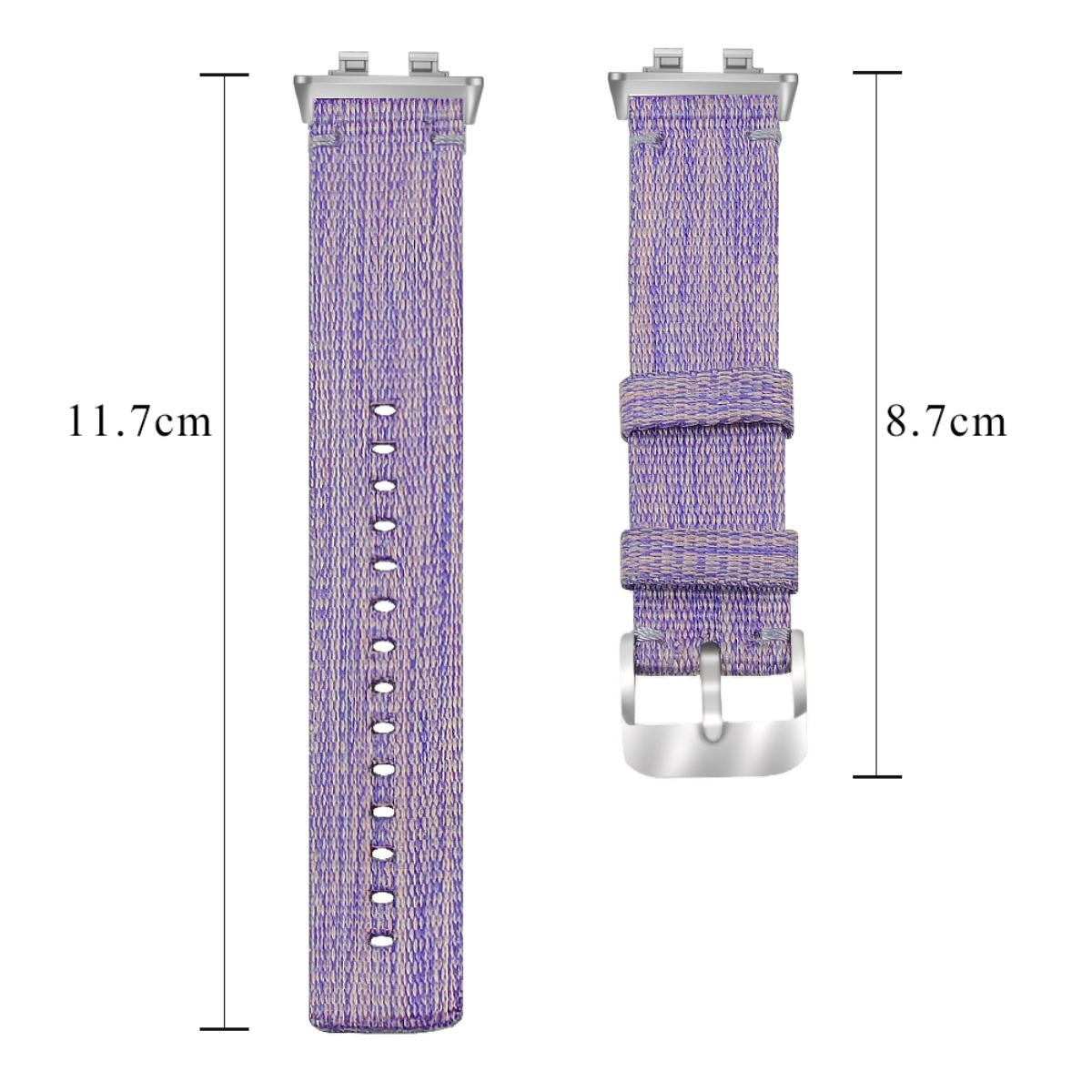 Zwei lila Uhrenarmbänder, eines mit Löchern, eines mit Schnalle. Größen gezeigt.