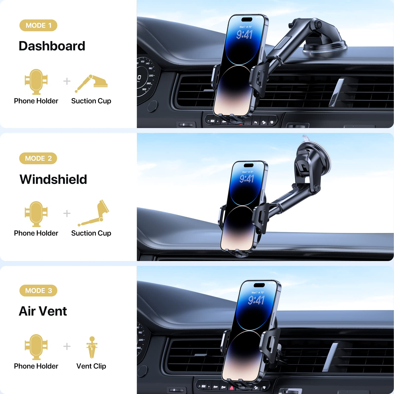 Ein Smartphone-Halter an einem Armaturenbrett, Windschutzscheibe und Lüftungsschlitz befestigt.