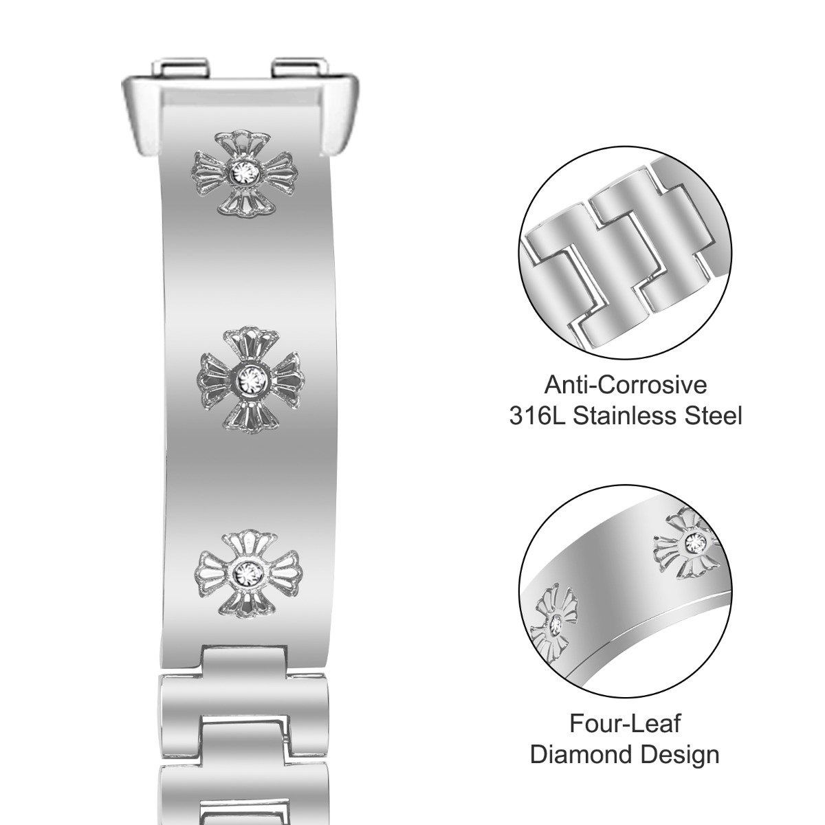 Silbernes Uhrenarmband mit vierblättrigem Diamantdesign aus Edelstahl.