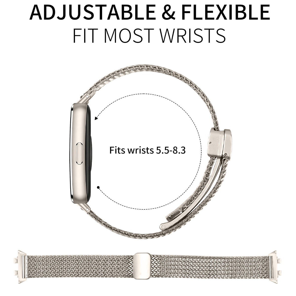 Silbernes Mesh-Armband für Smartwatch, passend für 5,5-8,3 Zoll Handgelenke.