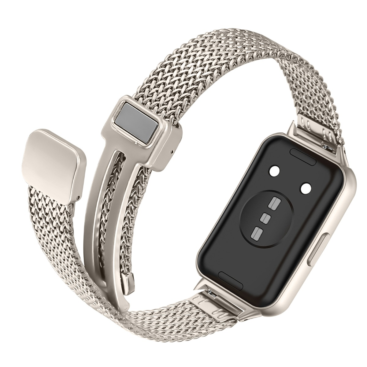 Eine silberne Smartwatch mit einem Milanese-Armband, das mit einem Magnetverschluss befestigt wird.