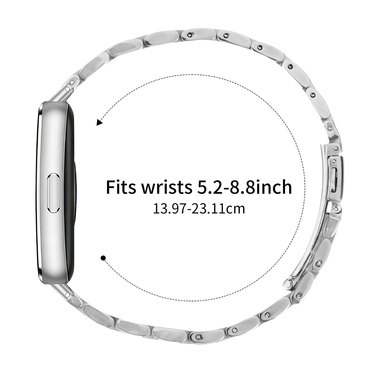 Silbernes Uhrenarmband auf weißem Hintergrund, passt für Handgelenke 13-22cm.