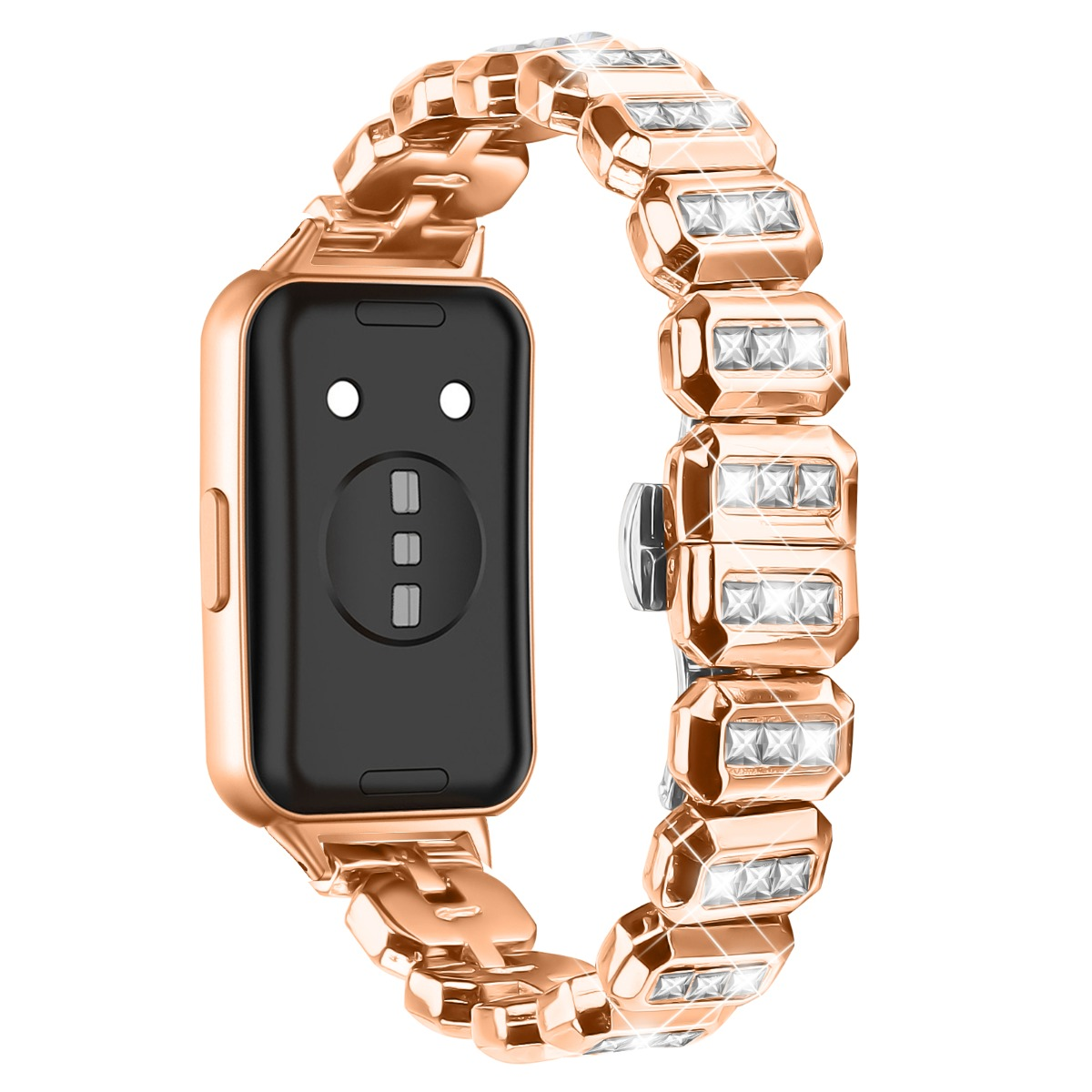 Uno smartwatch color oro rosa con cinturino impreziosito da cristalli.