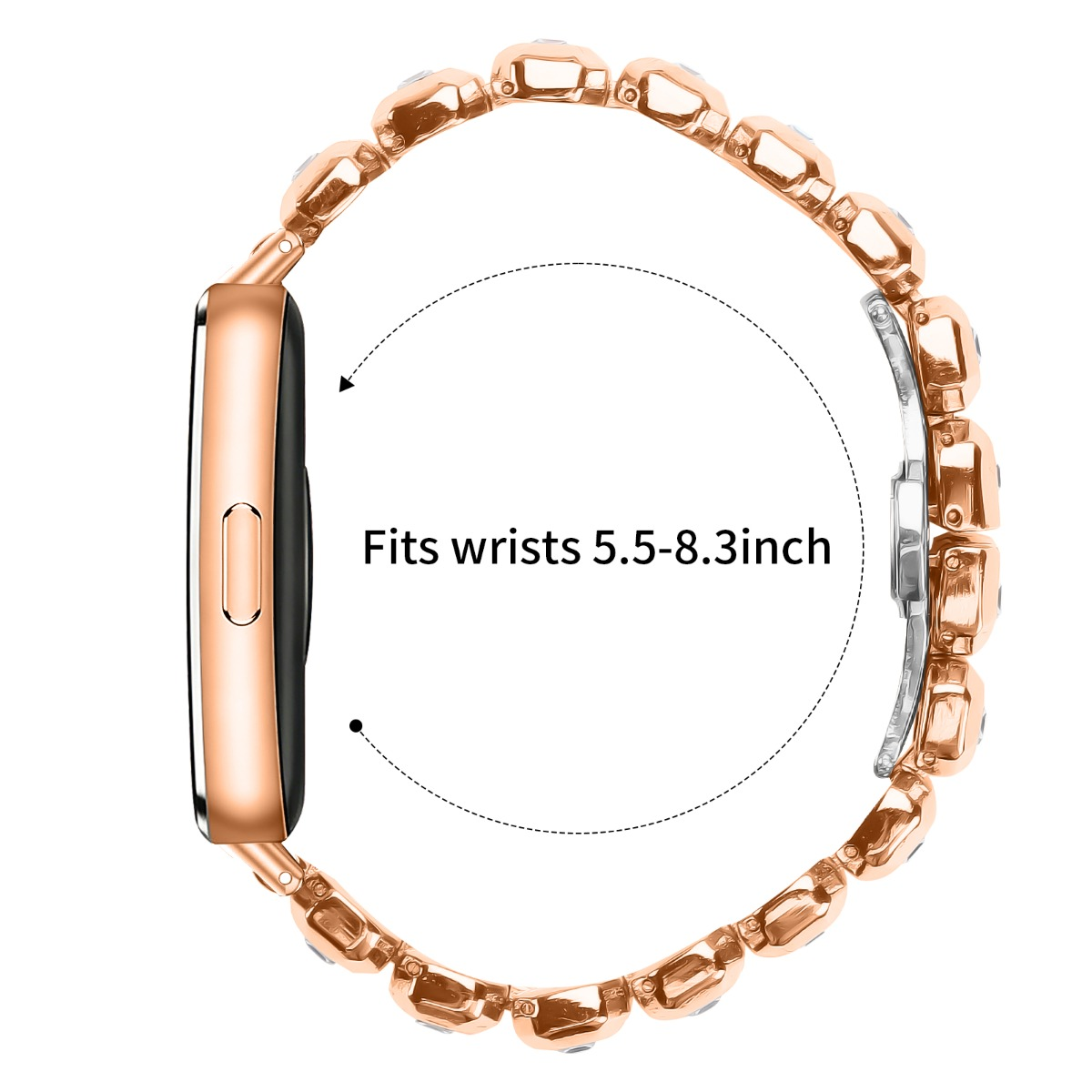 Cinturino orologio color oro rosa con pietre, si adatta a dispositivo rettangolare.