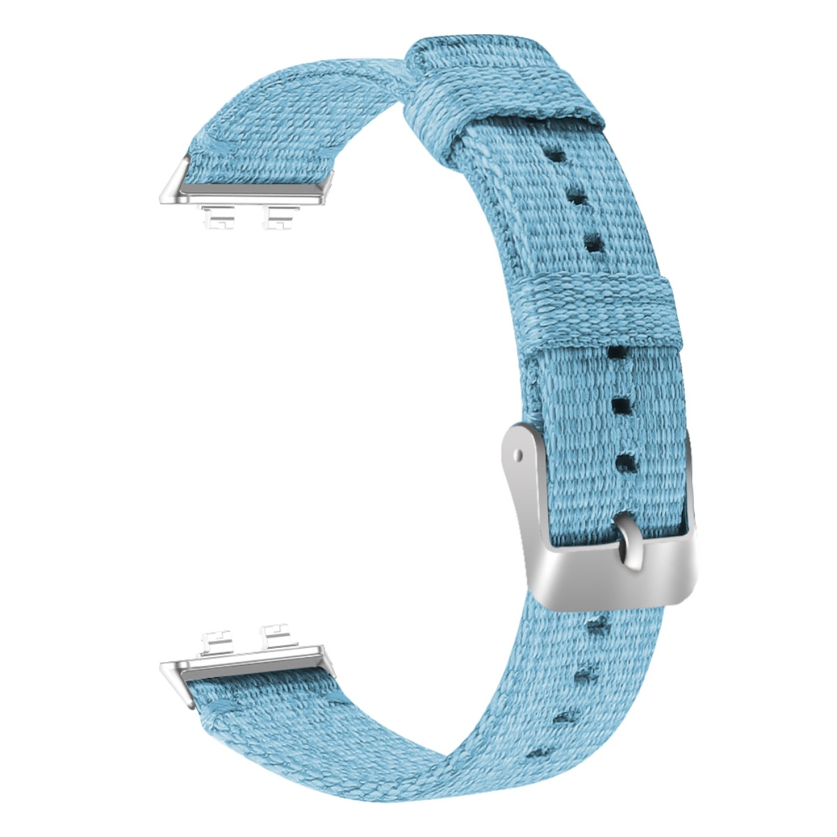 Un cinturino per orologio in tessuto azzurro con fibbia argentata, su sfondo bianco.