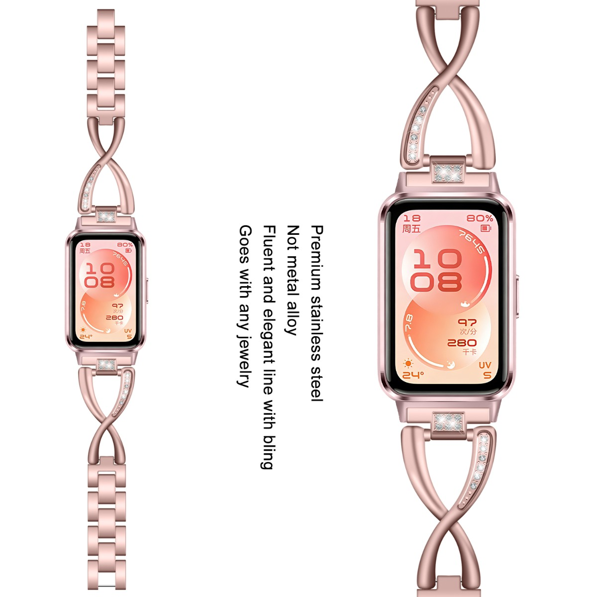 Rosegoldene Smartwatch mit verschlungenem Armband und Zirkonia. Zeigt Uhrzeit, Datum, Puls und Temperatur.