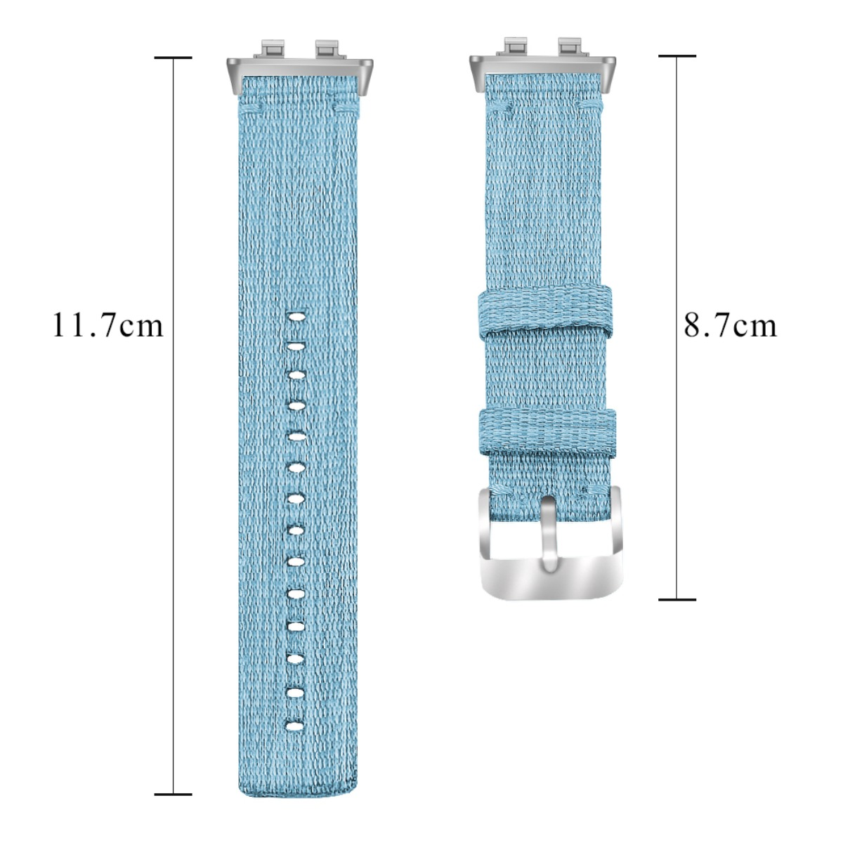 Cinturini per orologio in tessuto azzurro, uno con fibbia, 11,7 cm e 8,7 cm.