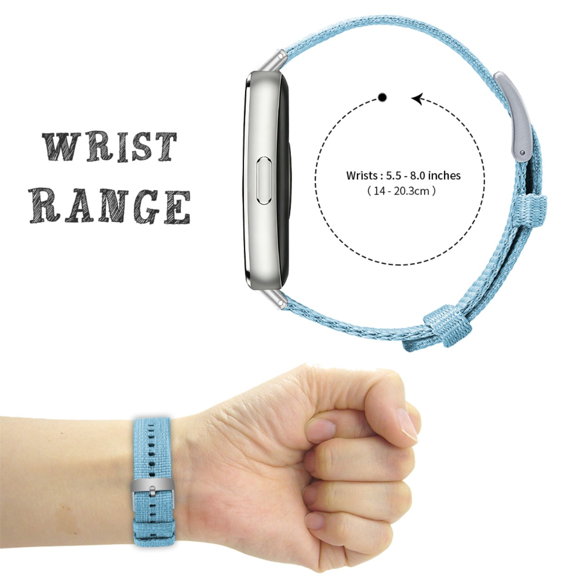 Cassa di smartwatch argentata con cinturino in tessuto blu attaccato a un polso.