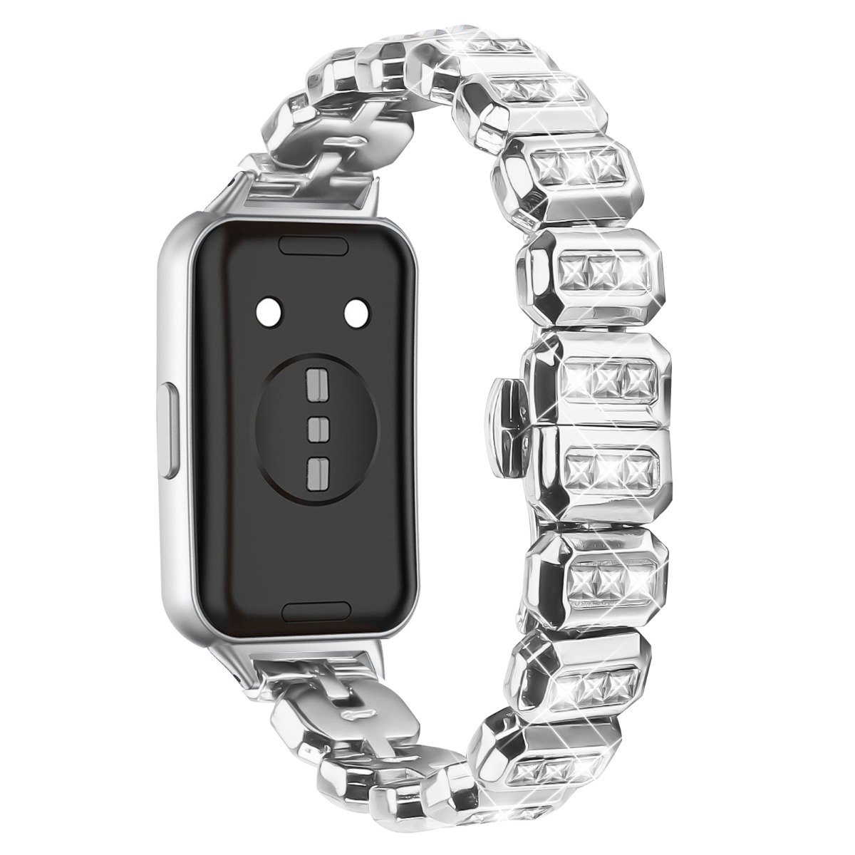 Cinturino d'argento per smartwatch con pietre di cristallo e schermo nero.