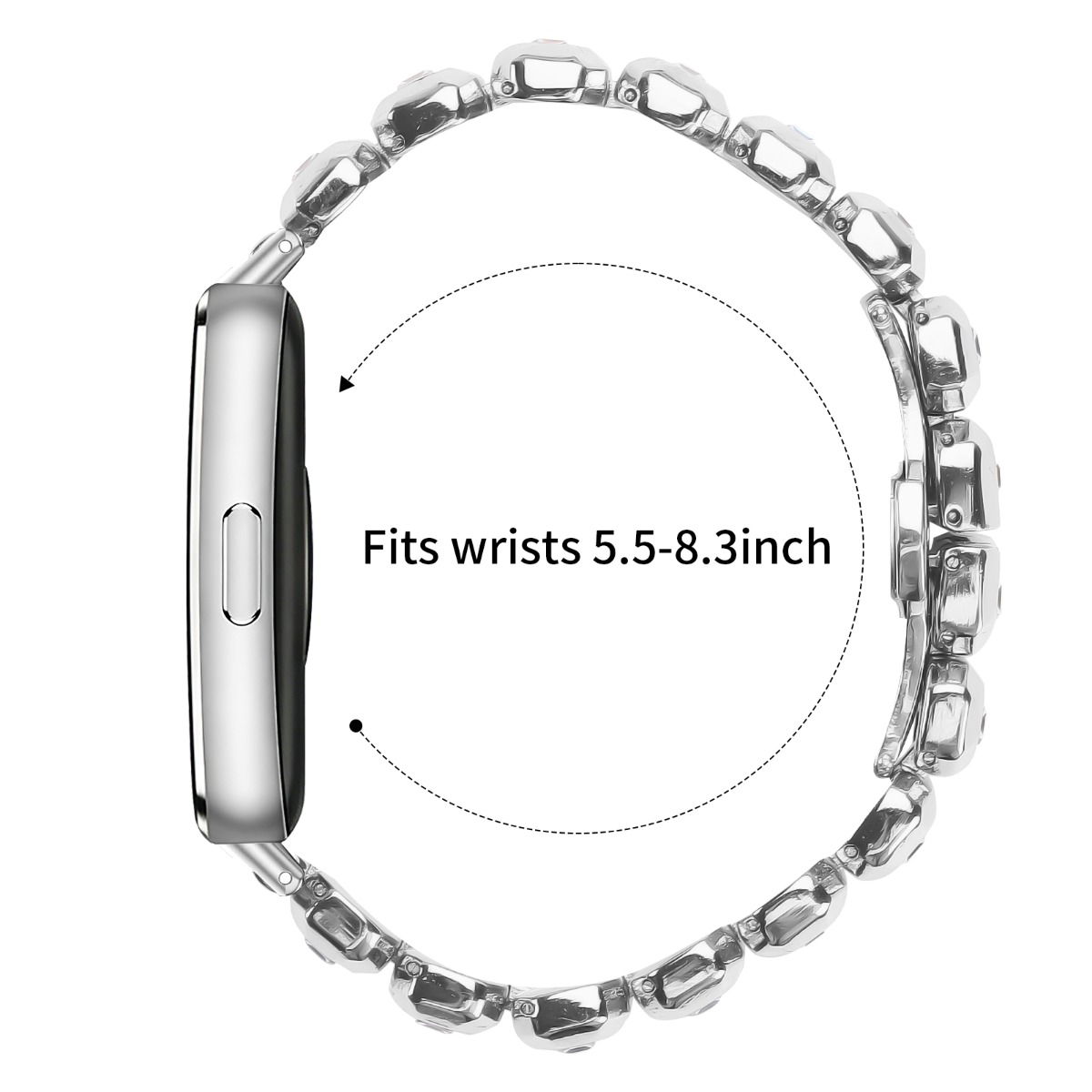 Cinturino argentato tempestato di cristalli per smartwatch, si adatta a polsi da 5,5-8,3 pollici.
