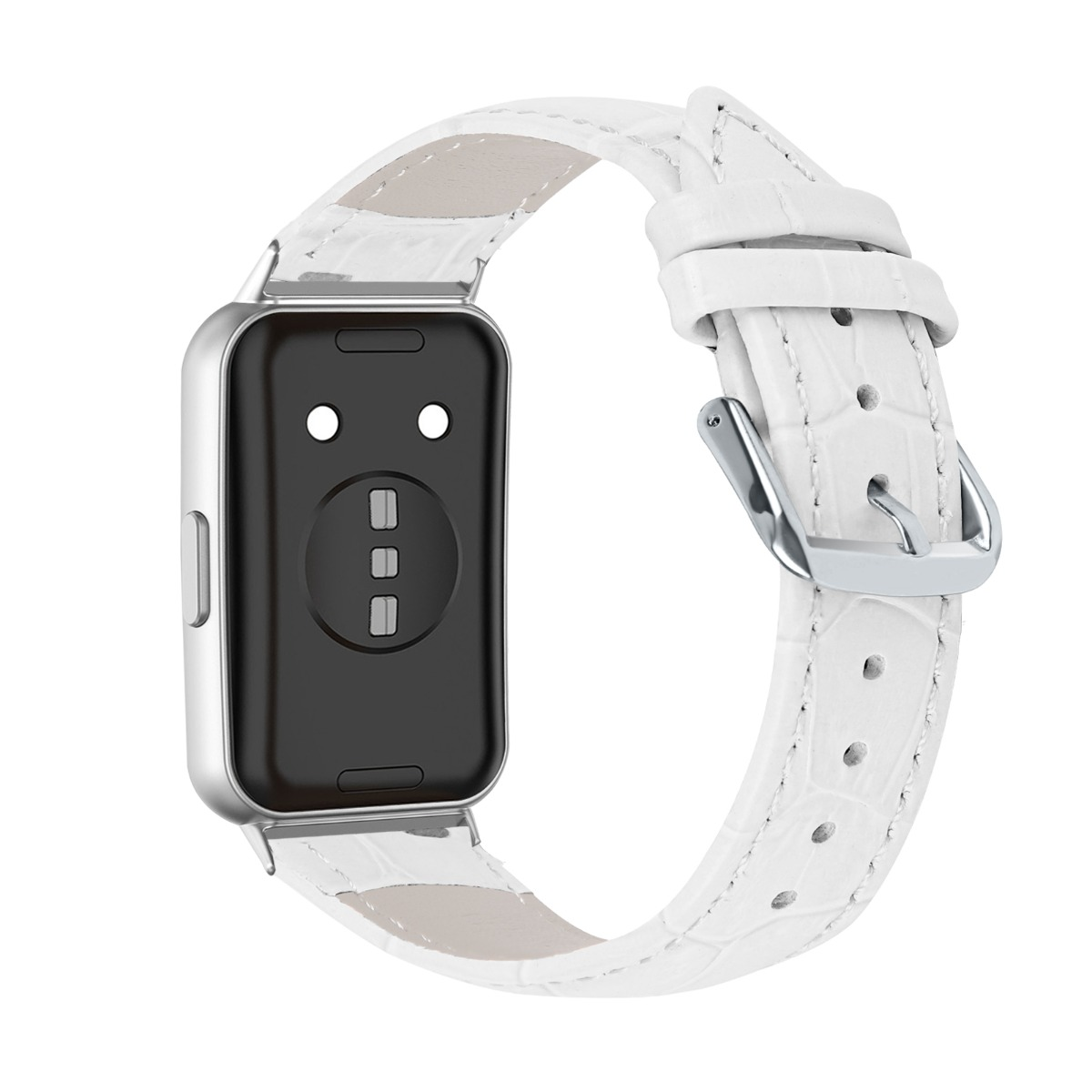 Eine weiße Smartwatch mit Kroko-Muster-Armband und silberner Schnalle.