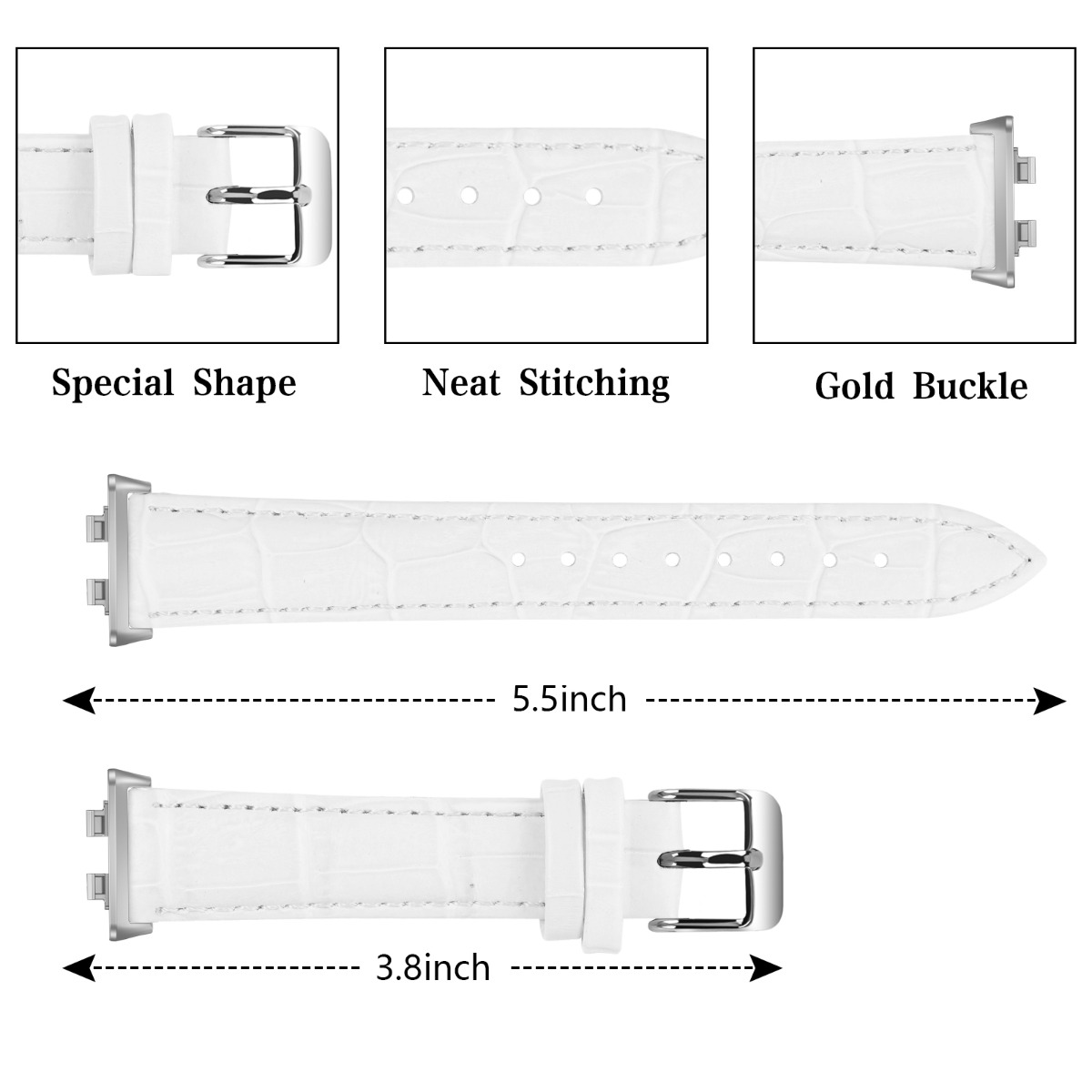 Weißes Uhrenarmband mit Alligator-Textur. Mit Nähten und Goldschnalle.