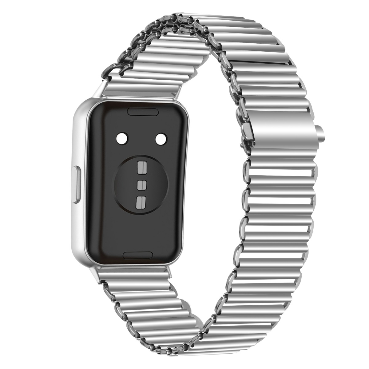 Silberne Smartwatch mit schwarzem Rückenteil und Metallarmband.