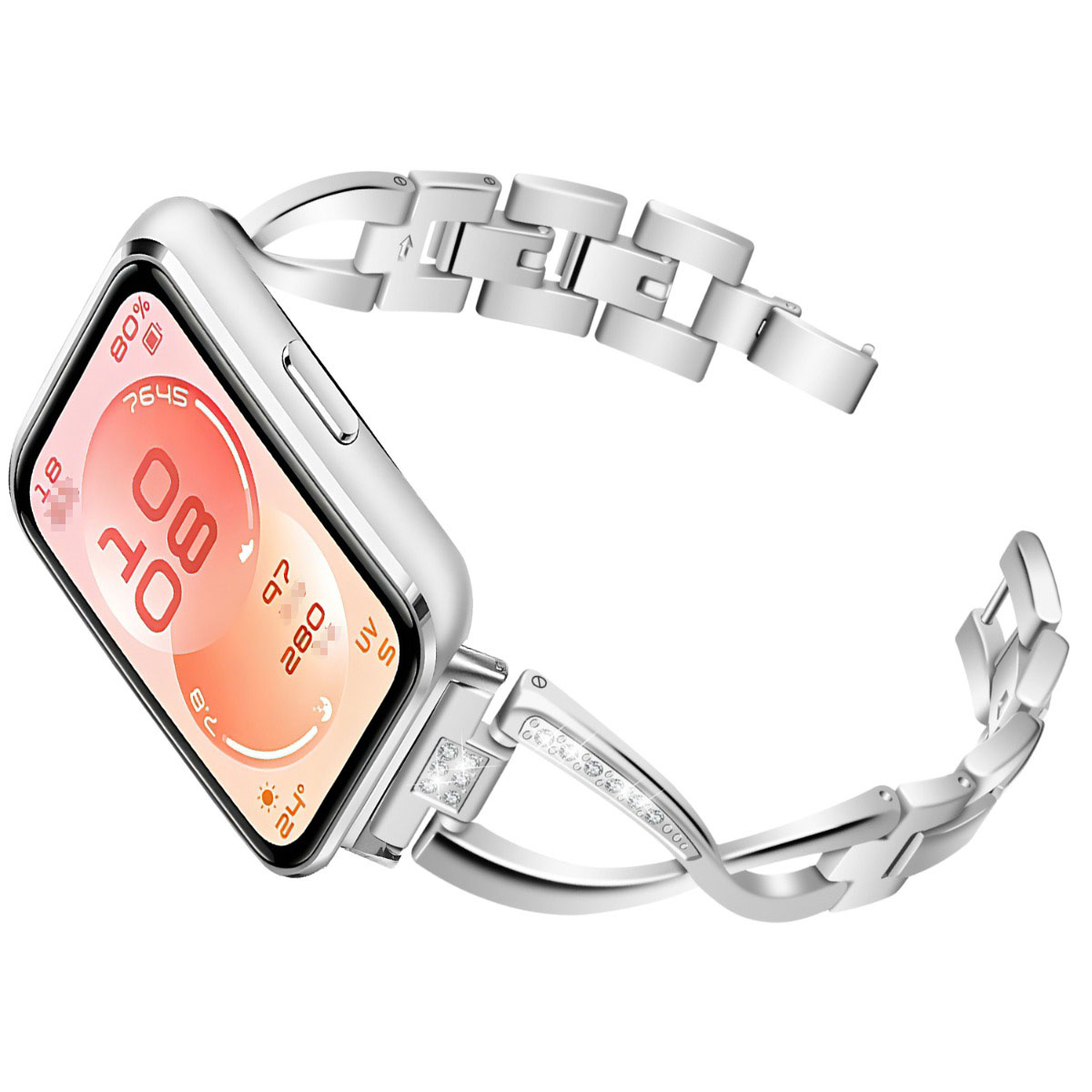Silberne Smartwatch mit weißem Metallarmband und Zifferblatt mit Uhrzeit und Wetterdaten.