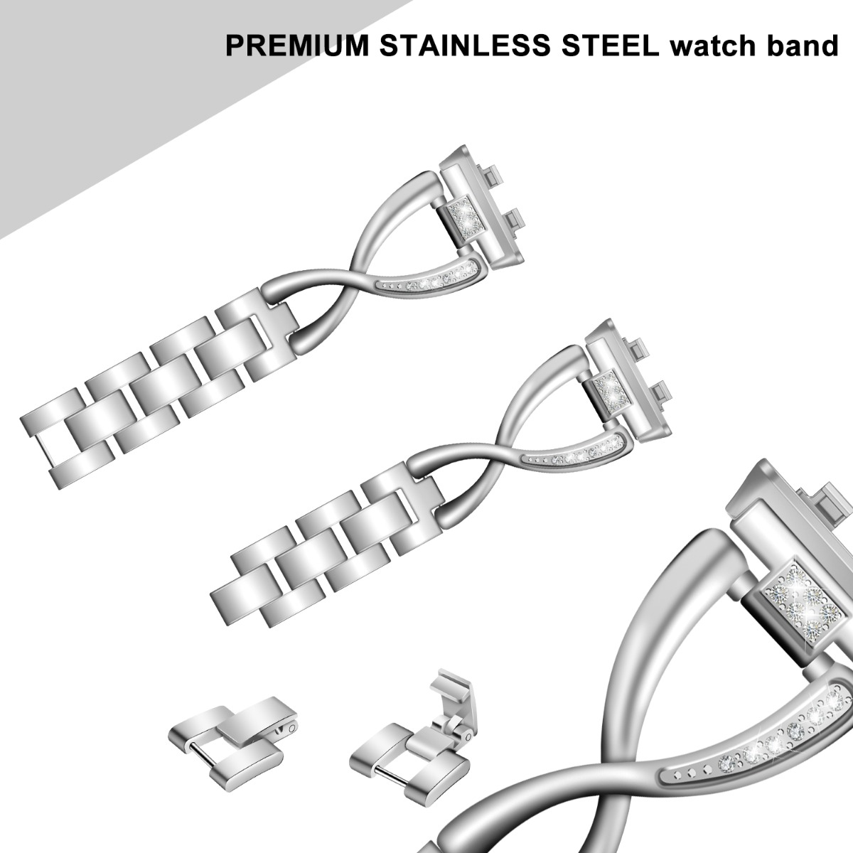 Silberne Uhrenarmbänder mit Gliedern und Strasssteinen.