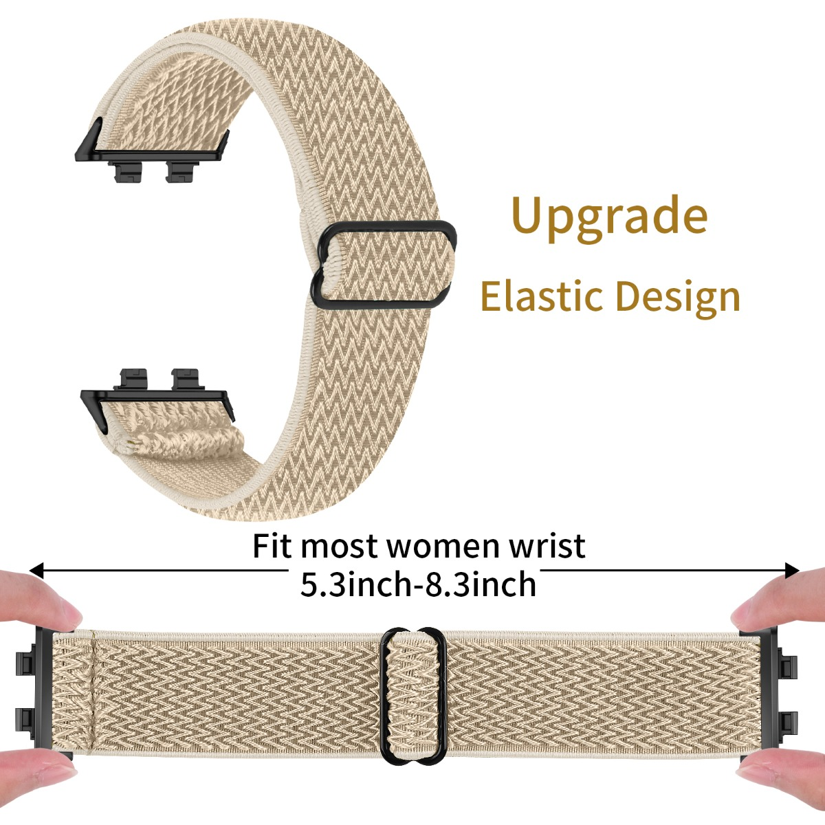 Beiges elastisches Uhrenarmband mit Zickzackmuster und schwarzem Verschluss.