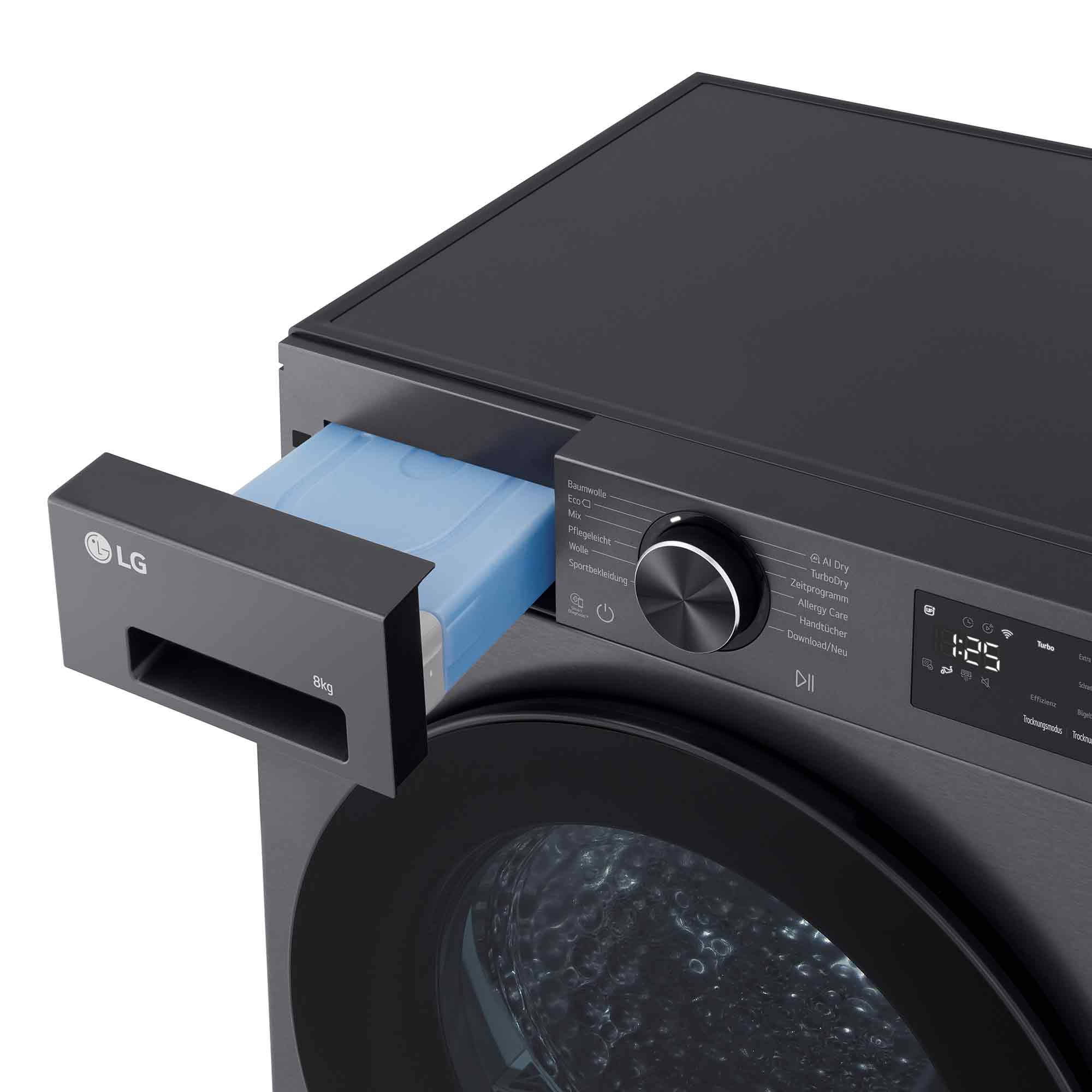 Eine graue LG Waschmaschine mit herausgezogenem Waschmittelbehälter und Bedienfeld.
