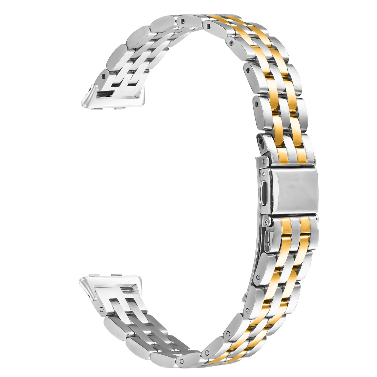 Ein silbernes und goldenes Armband für eine Uhr, mit einem Schnallenverschluss.