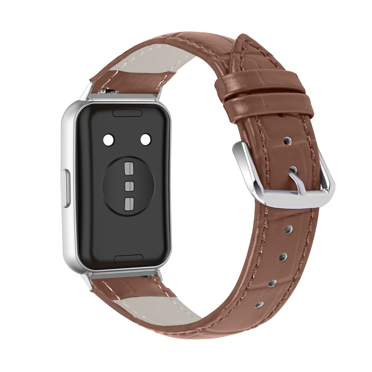 Ein silbernes Smartwatch-Gehäuse mit braunem Kroko-Lederarmband und Metallschnalle.