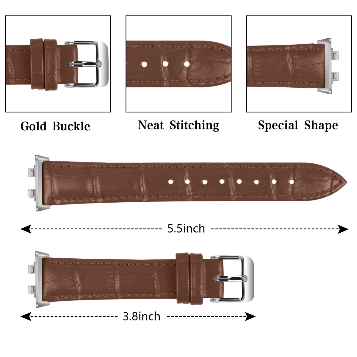 Braunes Lederarmband mit Krokoprägung, Längen 5.5 und 3.8 Zoll.