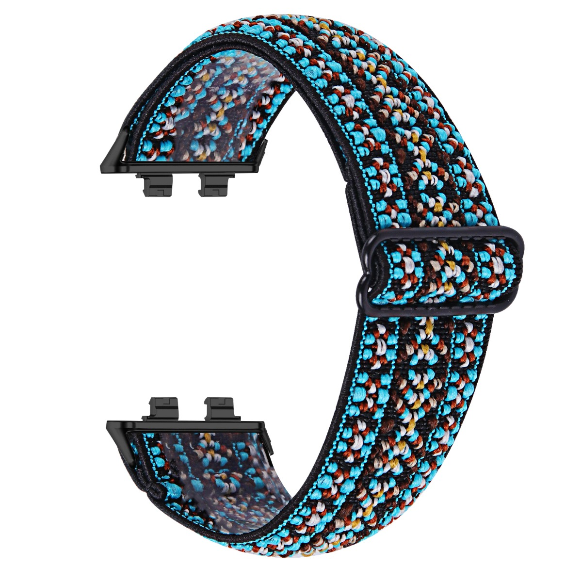 Ein buntes, gewebtes Uhrenarmband mit blauen, braunen und weißen Fäden.