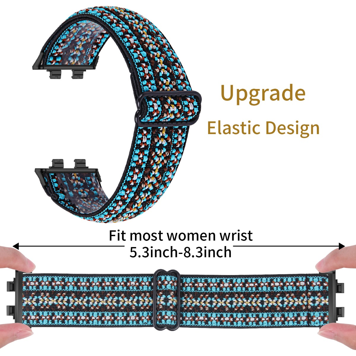 Blaues und braunes elastisches Uhrenarmband mit Muster, passt für 5,3-8,3 Zoll Handgelenke.