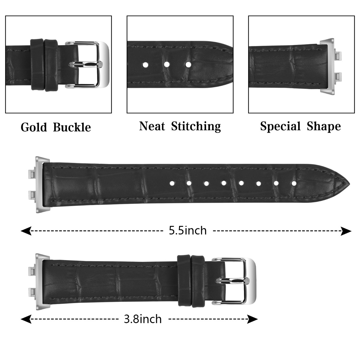 Schwarzes Lederarmband mit Krokoprägung, Dornschließe, 5,5 Zoll lang.