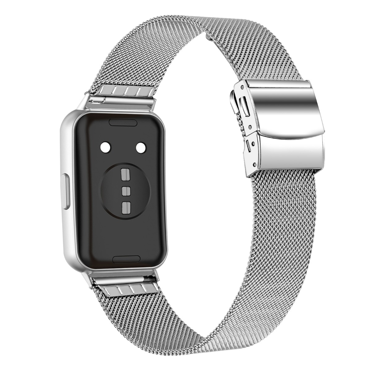 Silbernes Smartwatch-Armband mit Mesh-Gewebe und Schnallenverschluss. Rückseite zeigt Sensoren.