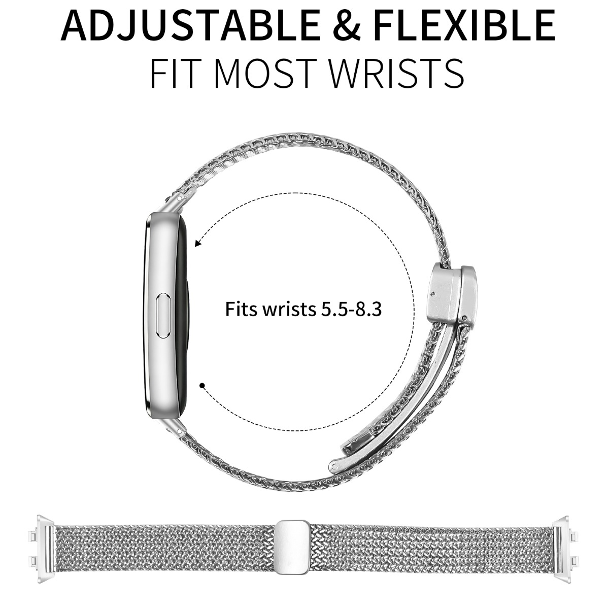 Fascia smartwatch in metallo argentato, regolabile, per polsi da 5,5-8,3 pollici.