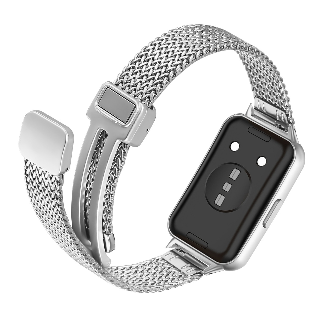 Cinturino argentato per smartwatch in rete metallica con chiusura magnetica.