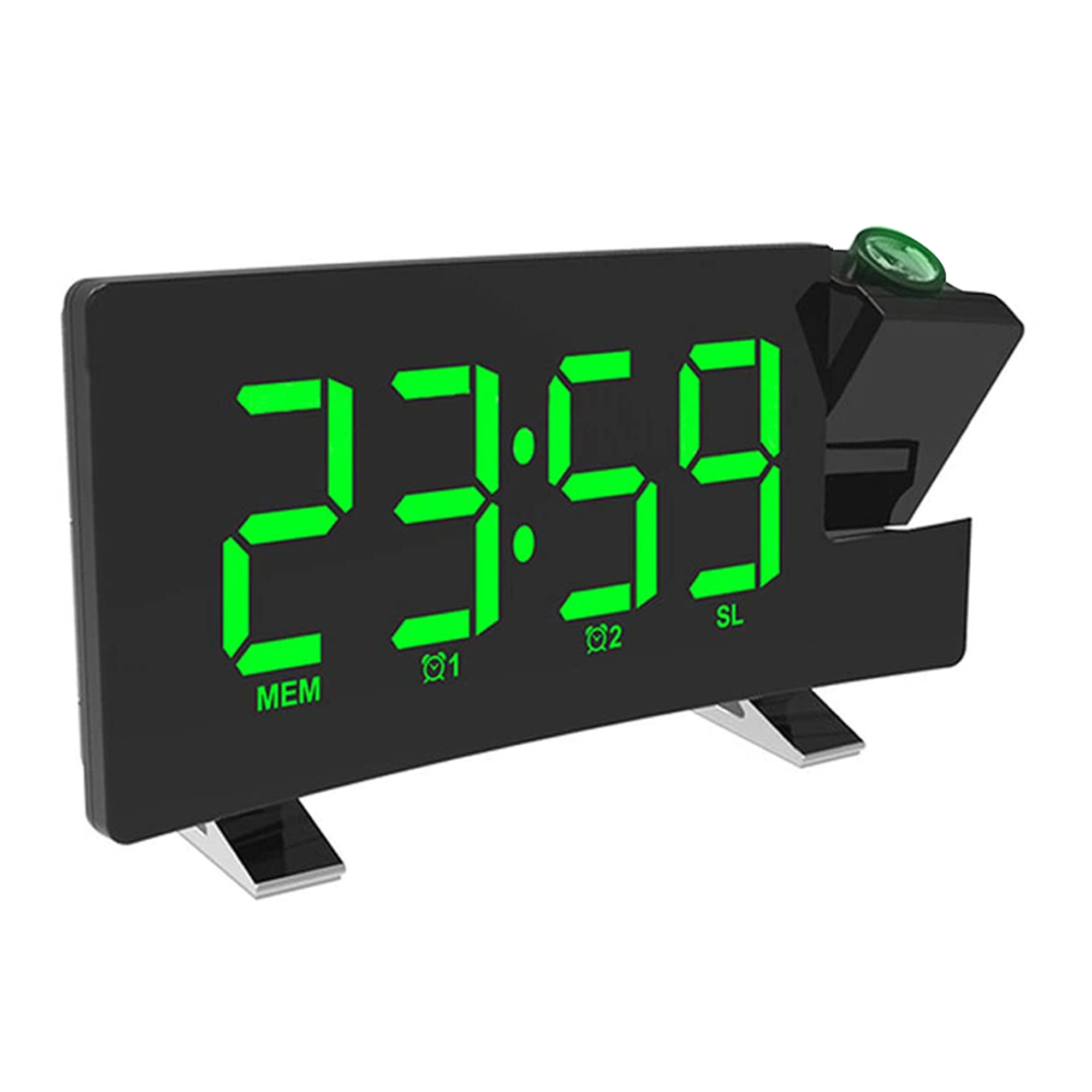 Schwarzer Digitalprojektionswecker mit grüner Anzeige und Projektor.