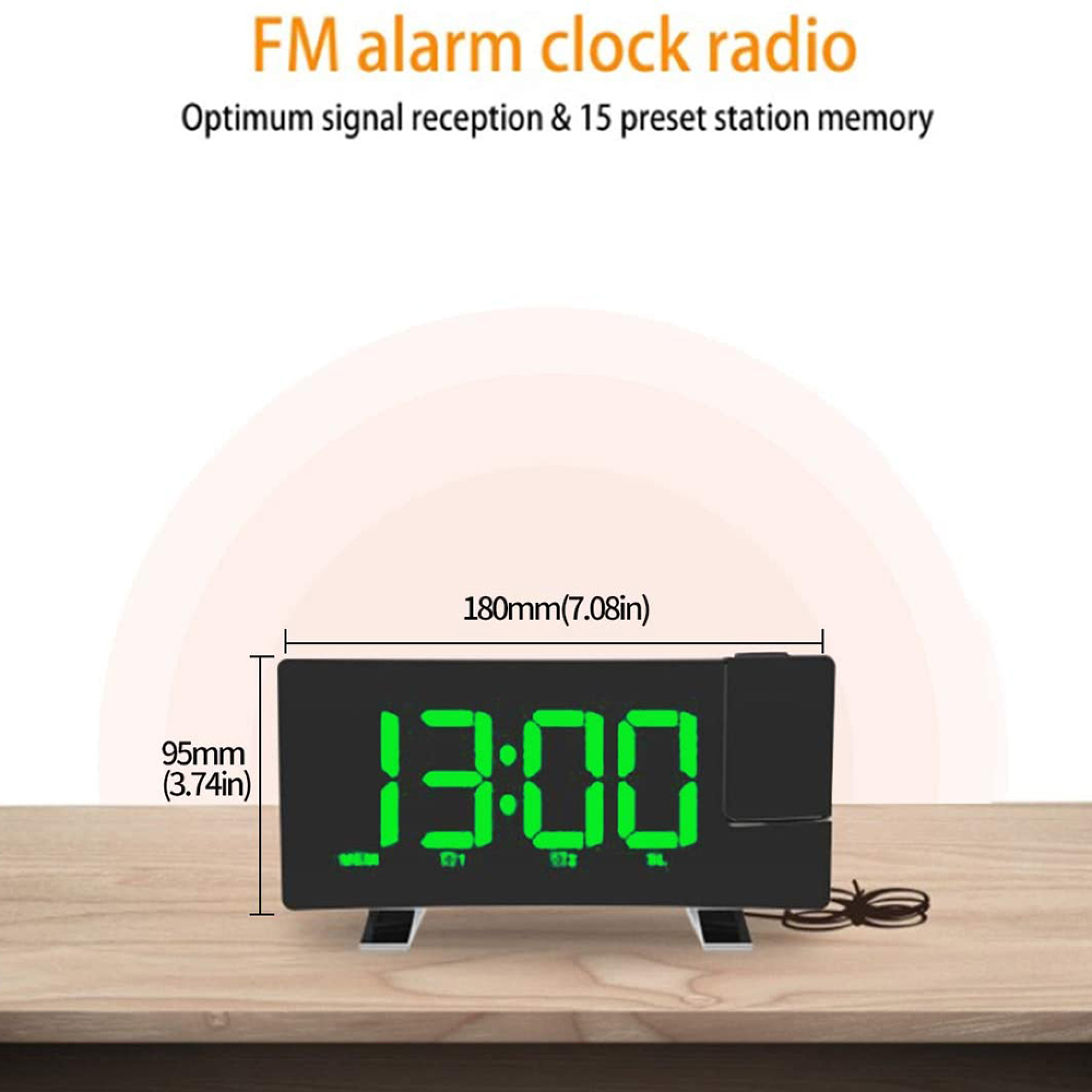 Ein schwarzer digitaler Radiowecker mit grüner 13:00 Anzeige auf einem Holztisch.