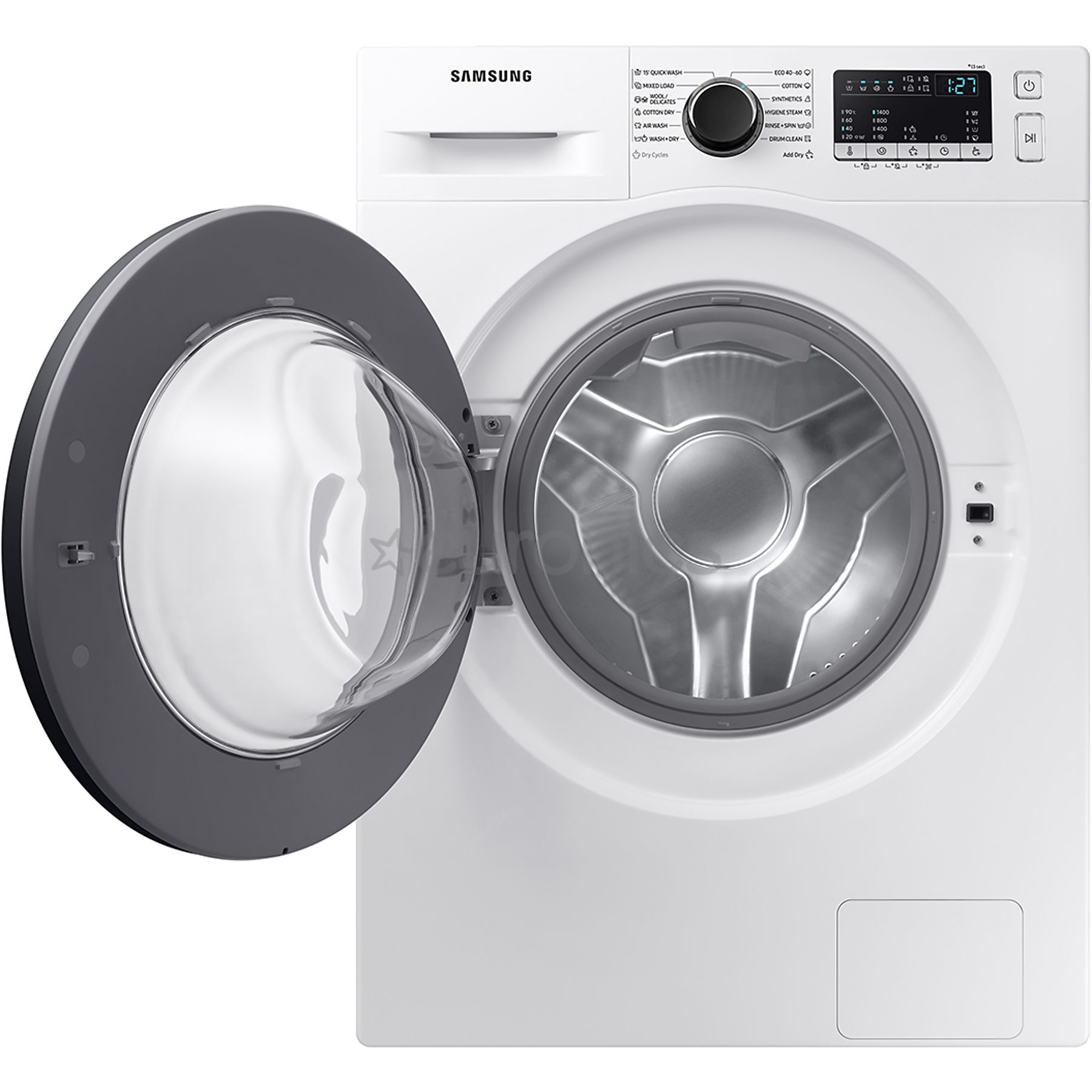 A white Samsung washing machine with its gray door open, showing the drum.