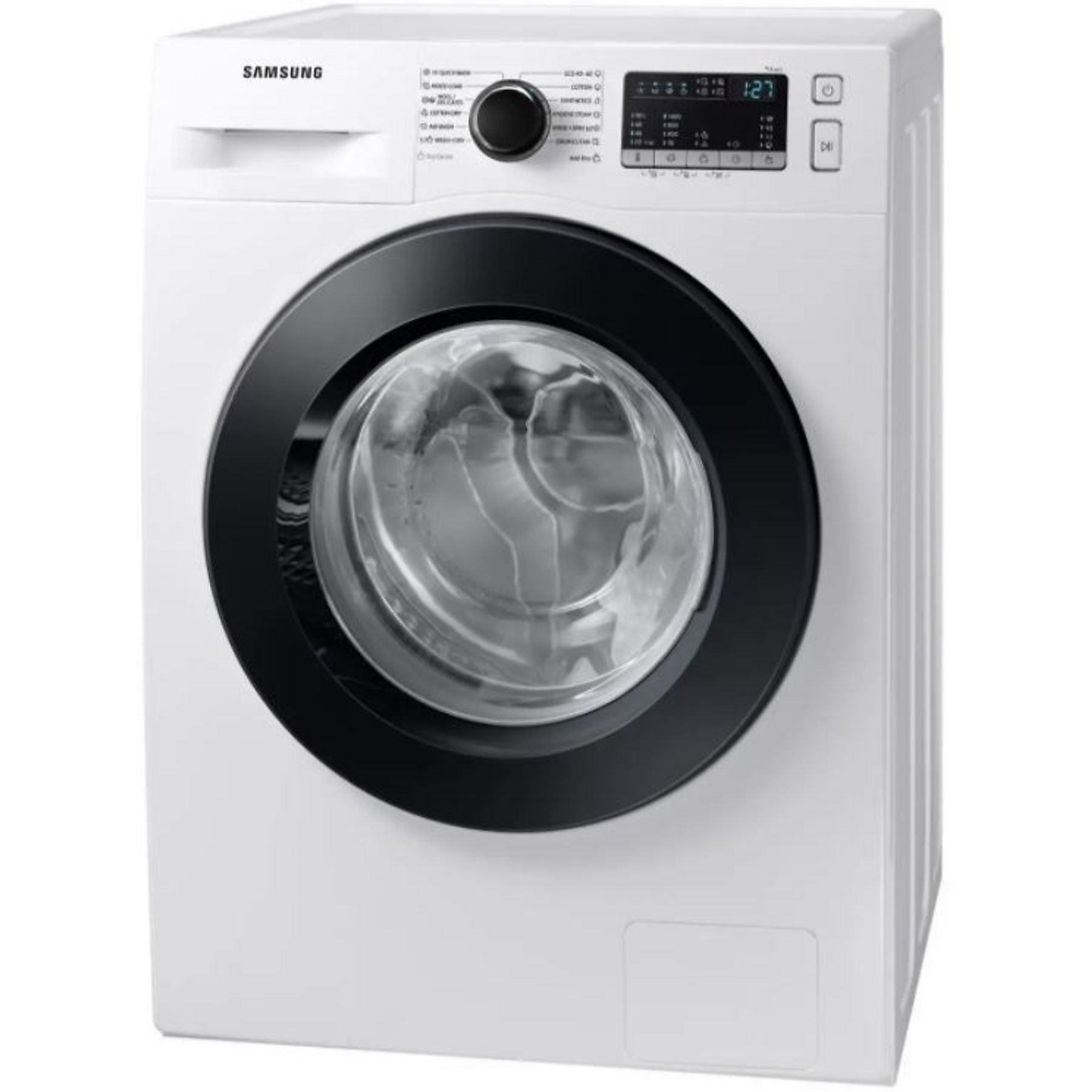 White Samsung washing machine with a black door and digital display.