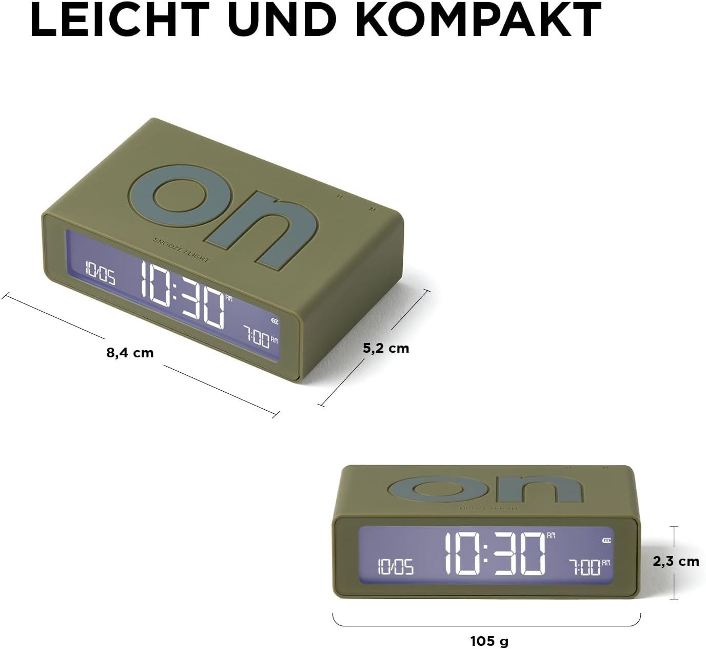 Zwei Ansichten eines grünen digitalen Weckers mit Maßen und Gewicht.