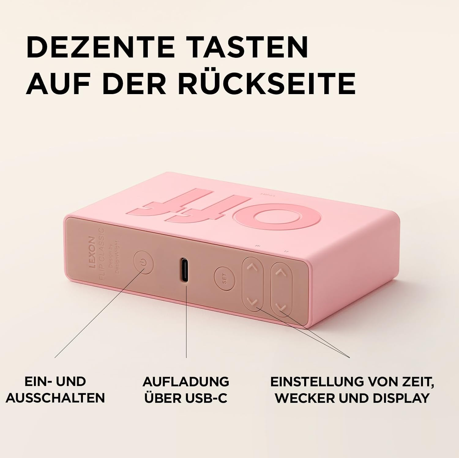 Eine rosafarbene Lexon Flip Classic Box mit dezenter Rückseite für Tasten.