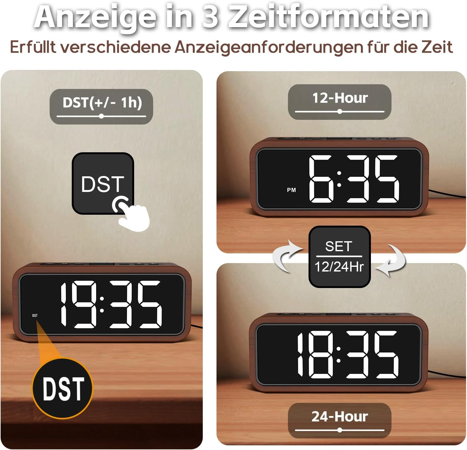 Digitaluhr zeigt 12- und 24-Stunden-Formate und DST-Einstellungen.