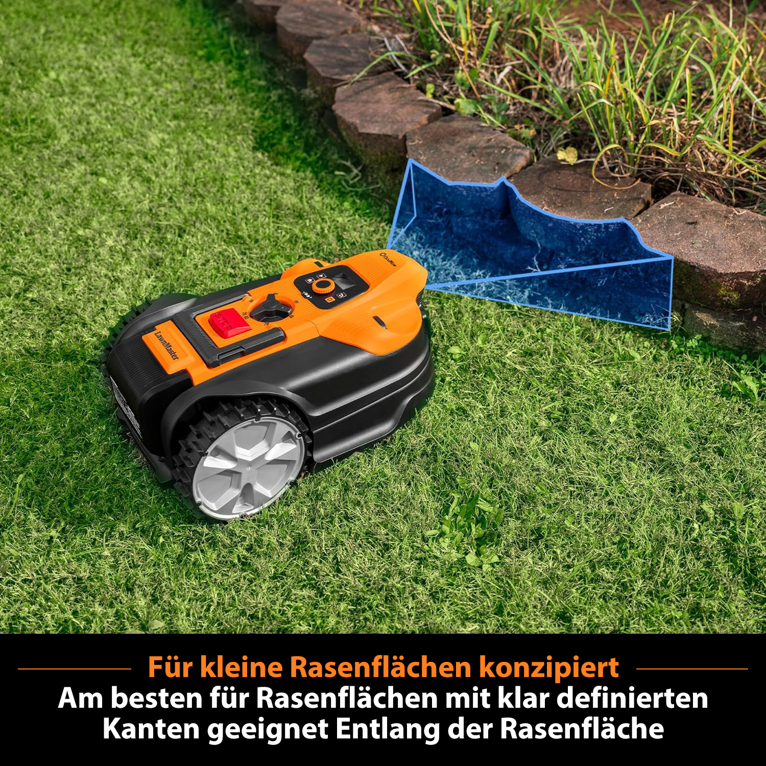 Ein orangefarbener Rasenmähroboter steht auf einem grünen Rasen neben einem Steinrand mit Begrenzungsdraht.
